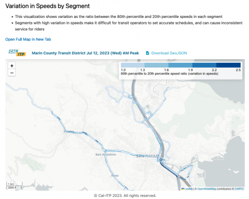 Screenshot of a map showing variability in bus speeds by road segment in Marin County, California.