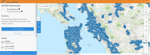 Screenshot of California open data portal showing a map with high quality transit areas around the San Francisco Bay Area.